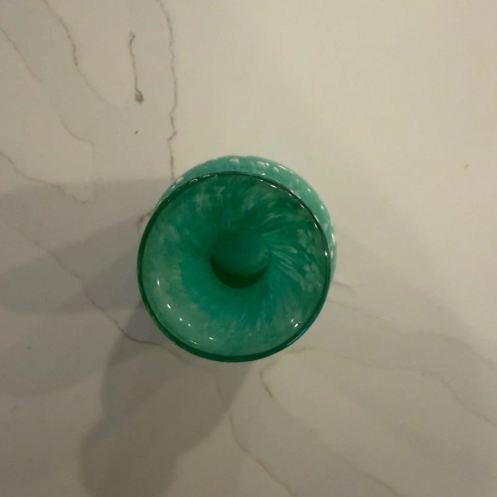 Teal Green Controlled Bubble Art‎ Glass Bud Vase Swirl Rim Weighted Base